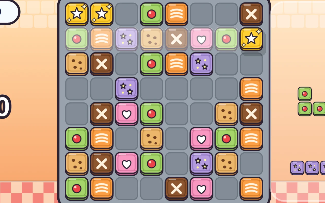 A baking tray covered with colorful square cookies with chocolate chips, hearts, stars and one golden cookie.