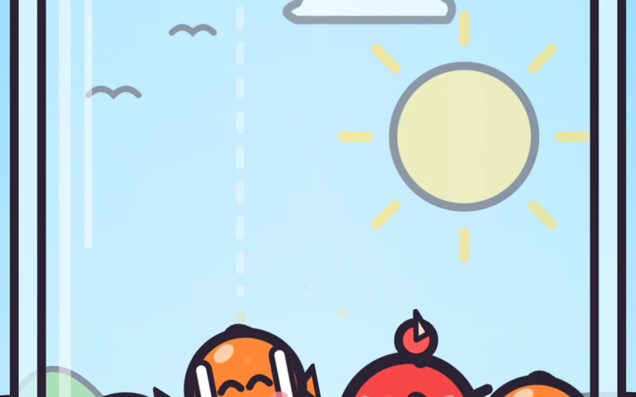 Skrin game Toples Laut: balang kaca besar penuh udang, ikan badut, ketam dan sotong kurita yang tersenyum, dengan laut di belakangnya.