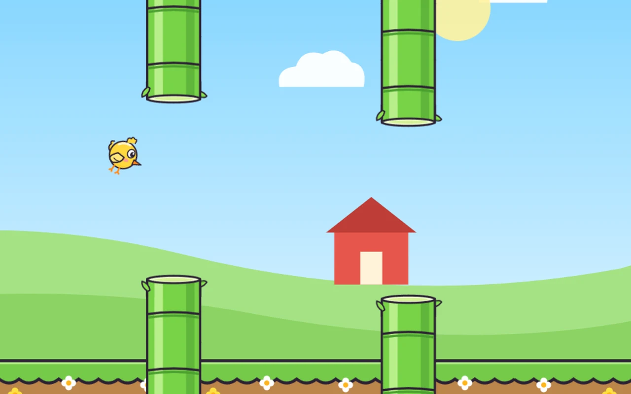 A round yellow chick flies between two bamboo stalks above a farm, a golden feather ahead of her.
