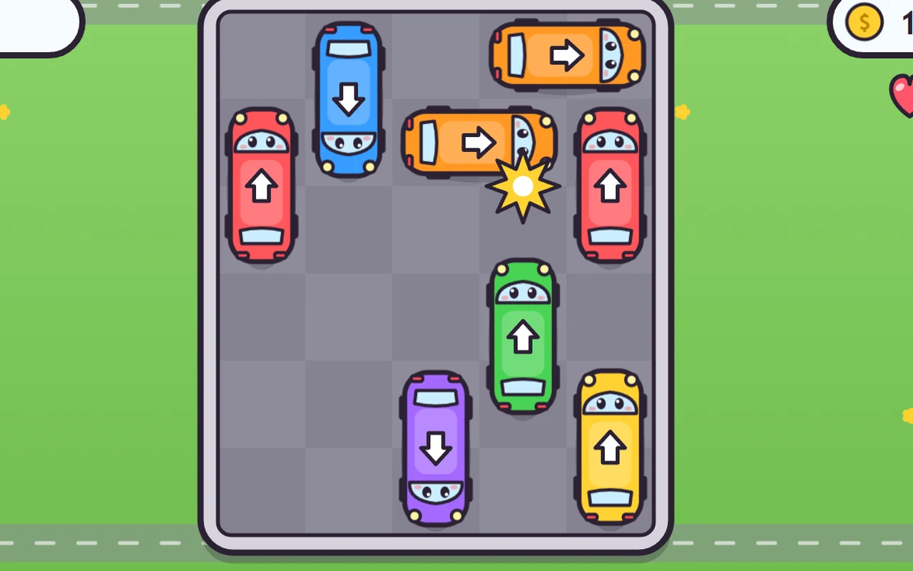 Parking Panic game screen: colorful little cars with eyes, parked tightly on a grey parking lot.