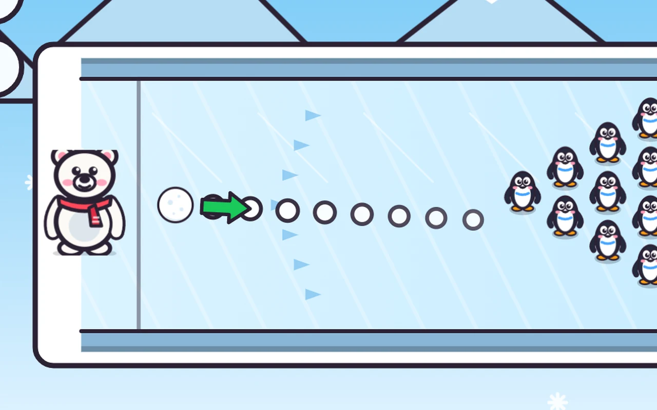 A polar bear in a red scarf throws a snowball at little penguins lined up in a triangle on an ice lane.