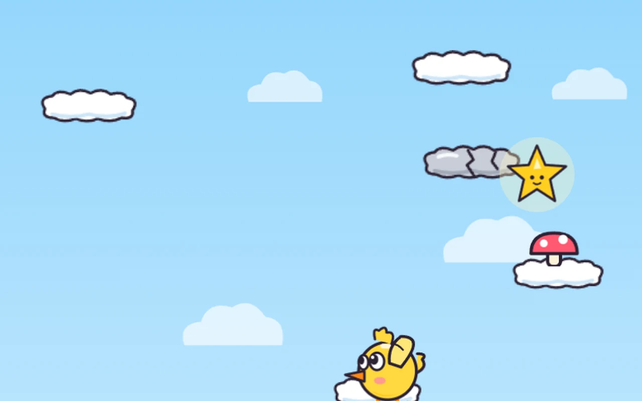 Seekor anak ayam kuning bulat melantun di atas awan putih di atas sebuah ladang, dengan bintang emas di atasnya.