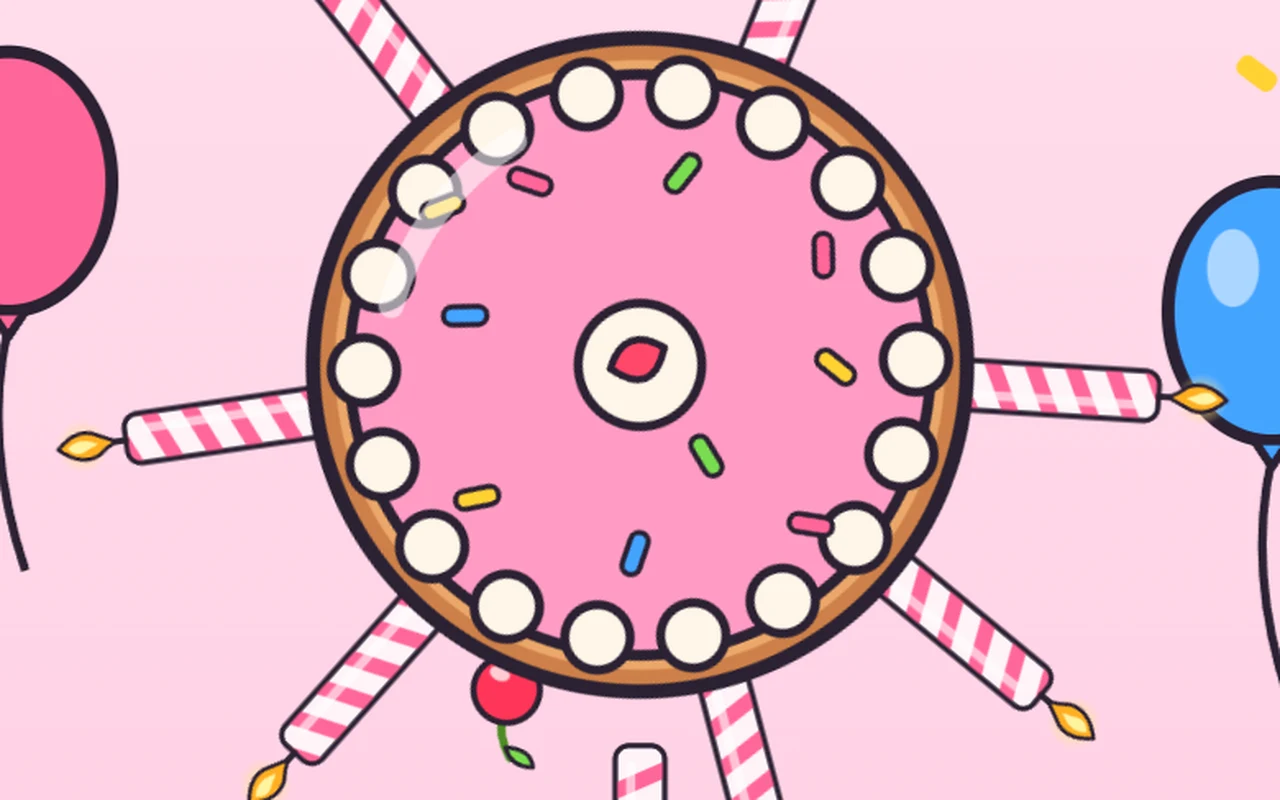 Ein kleines Koch-Küken wirft gestreifte Kerzen auf eine große, sich drehende rosa Torte, umgeben von Luftballons.
