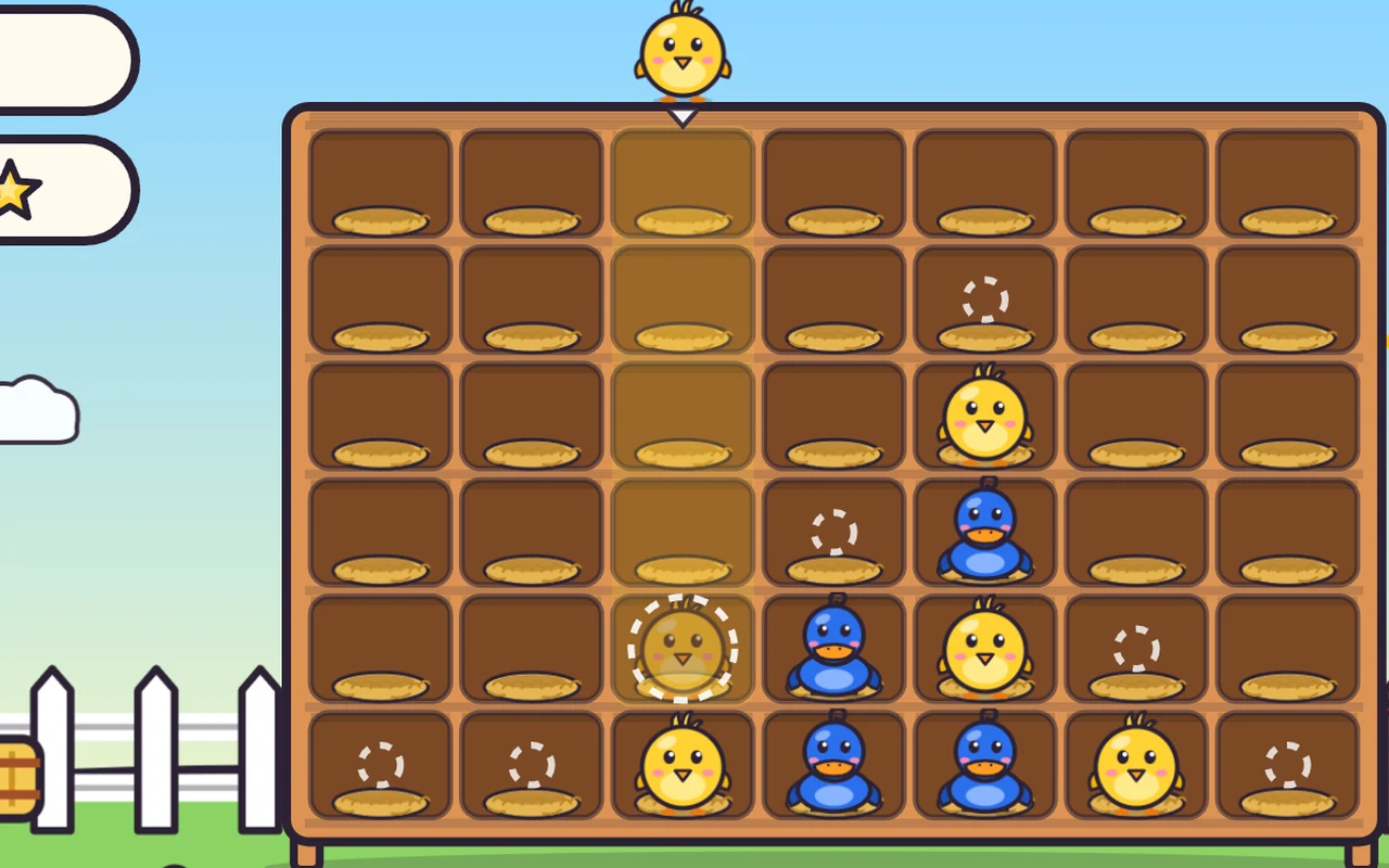 A wooden nest shelf where yellow chicks and blue ducklings line up, in front of a red henhouse.