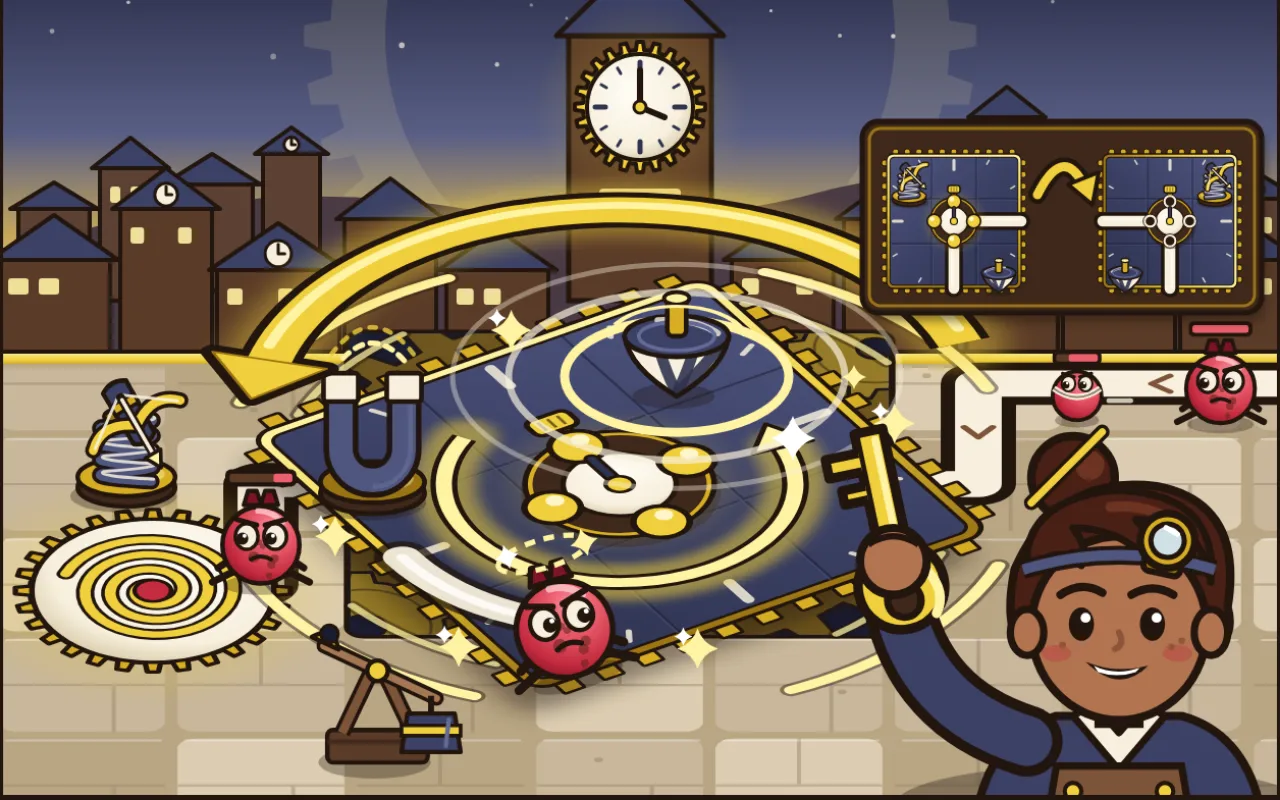 Tickmoor poster: Odile, a clockmaker with a magnifier on her headband, raises a brass key beside a spinning dial plate that carries a magnet tower and a spinning top, in a clockwork town under a giant clock tower.