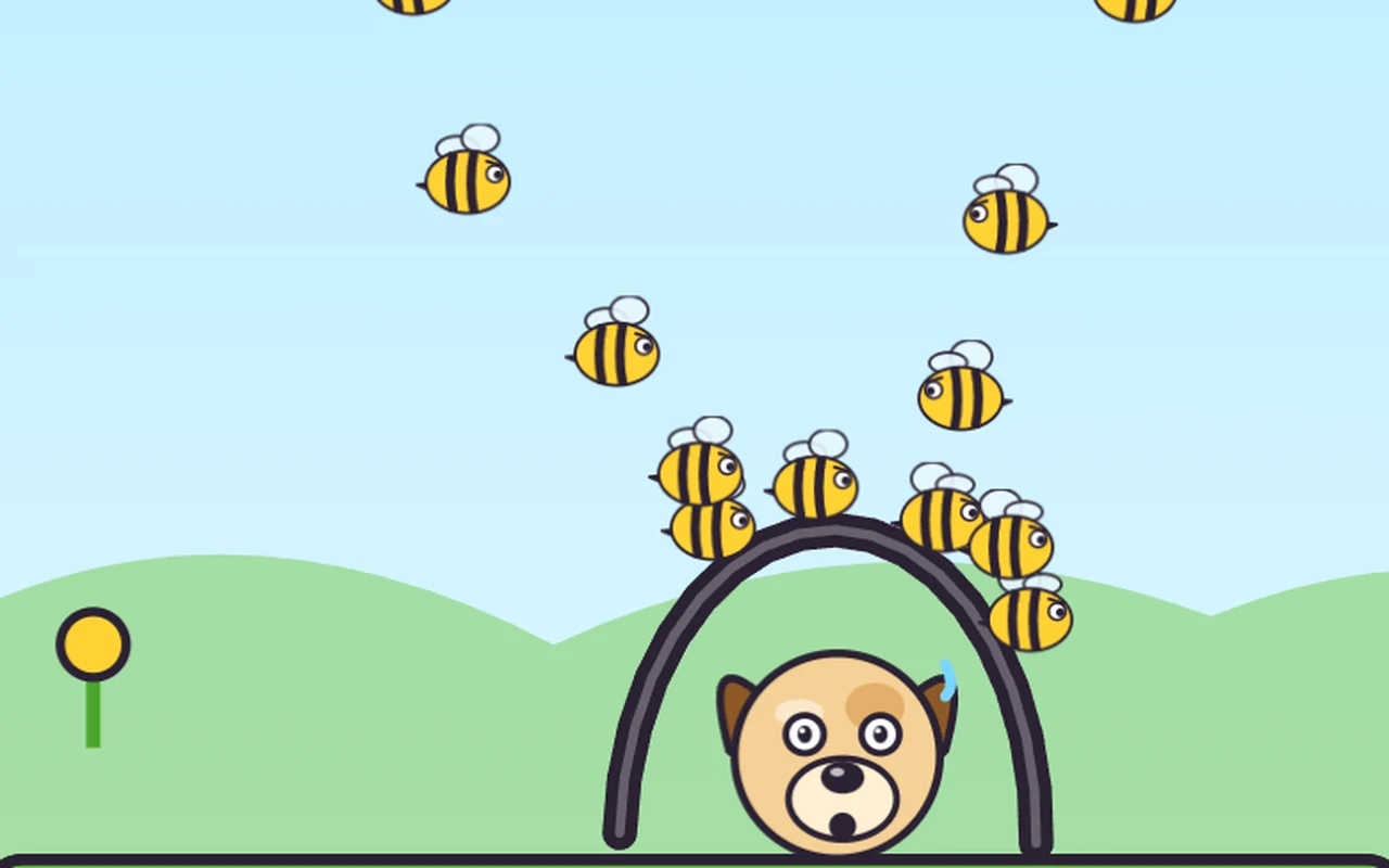 A round puppy sitting in the grass, sheltered under a pencil line, while a swarm of bees pours out of a hive.
