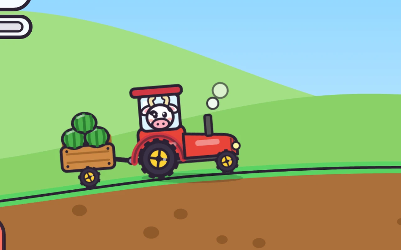 A smiling cow drives a red tractor pulling a trailer of watermelons up a green hill.