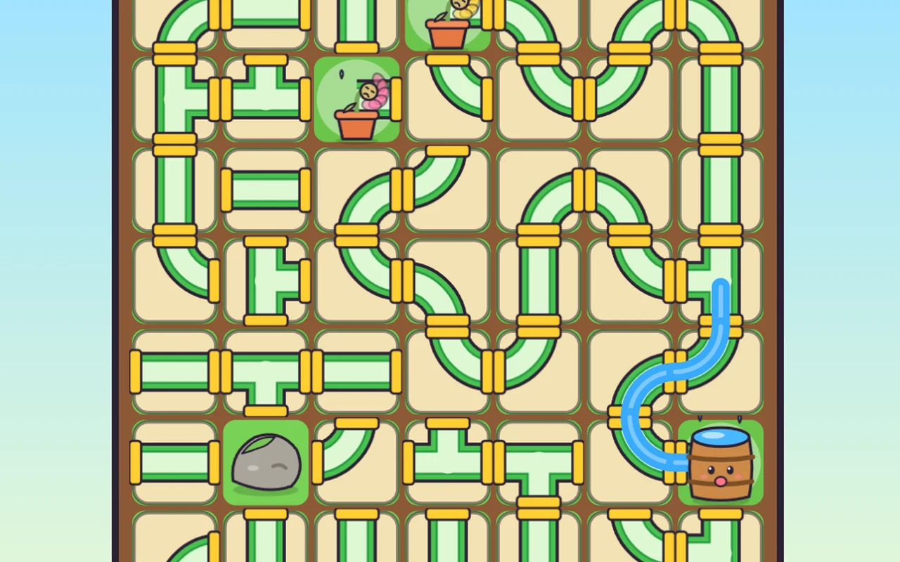 A garden full of green hose pipes, a smiling water barrel and potted flowers waiting for a drink.