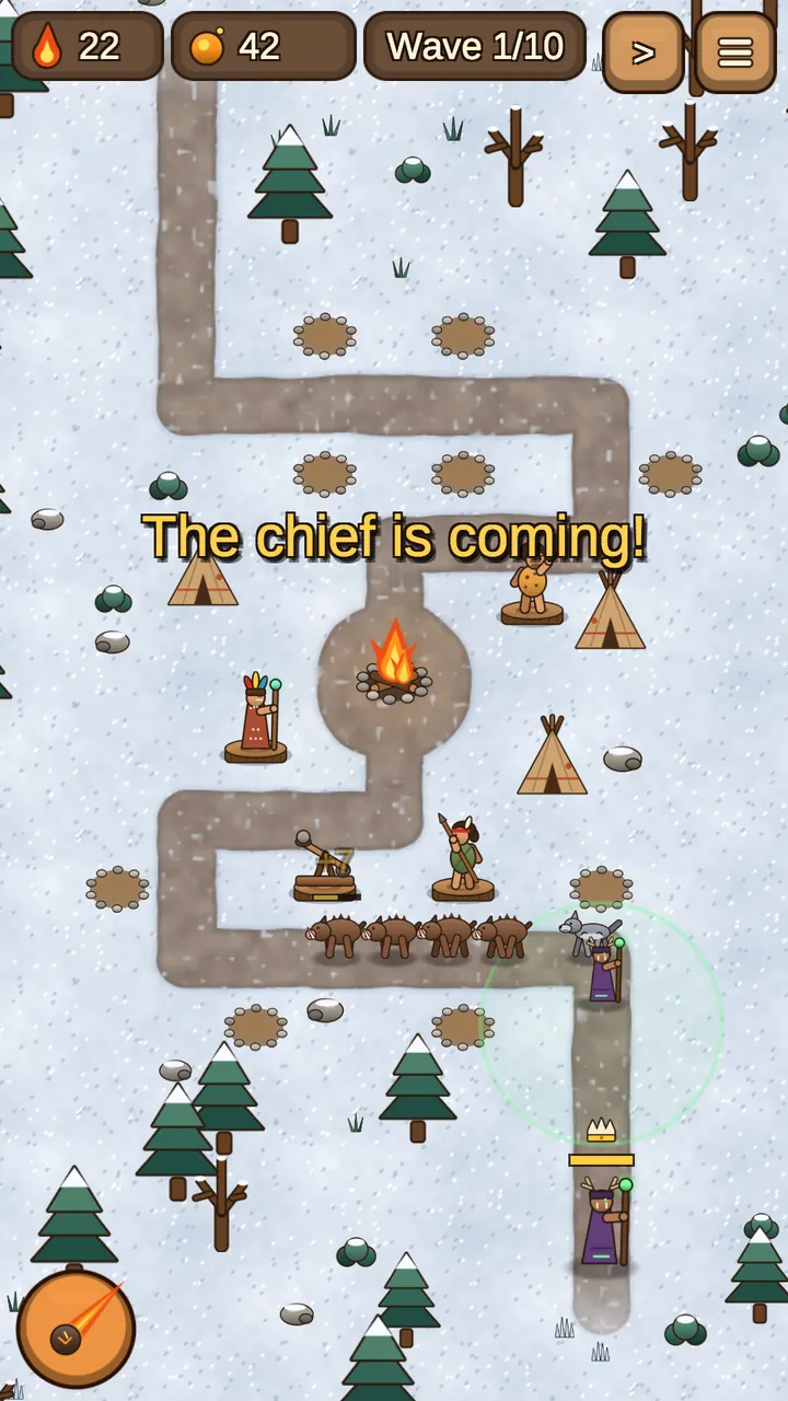 Sacred Fire in portrait on a glacier map: a war chief leads a pack toward the camp as “The chief is coming!” appears on screen.