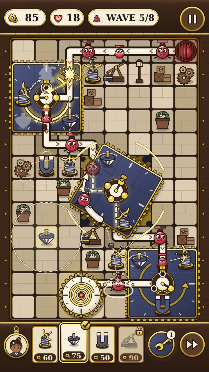 Tickmoor mockup in portrait: a tilted dial plate mid-turn above its pit of gears, carrying a spinning top and a spring tower, while a monster is pulled back toward the entrance.