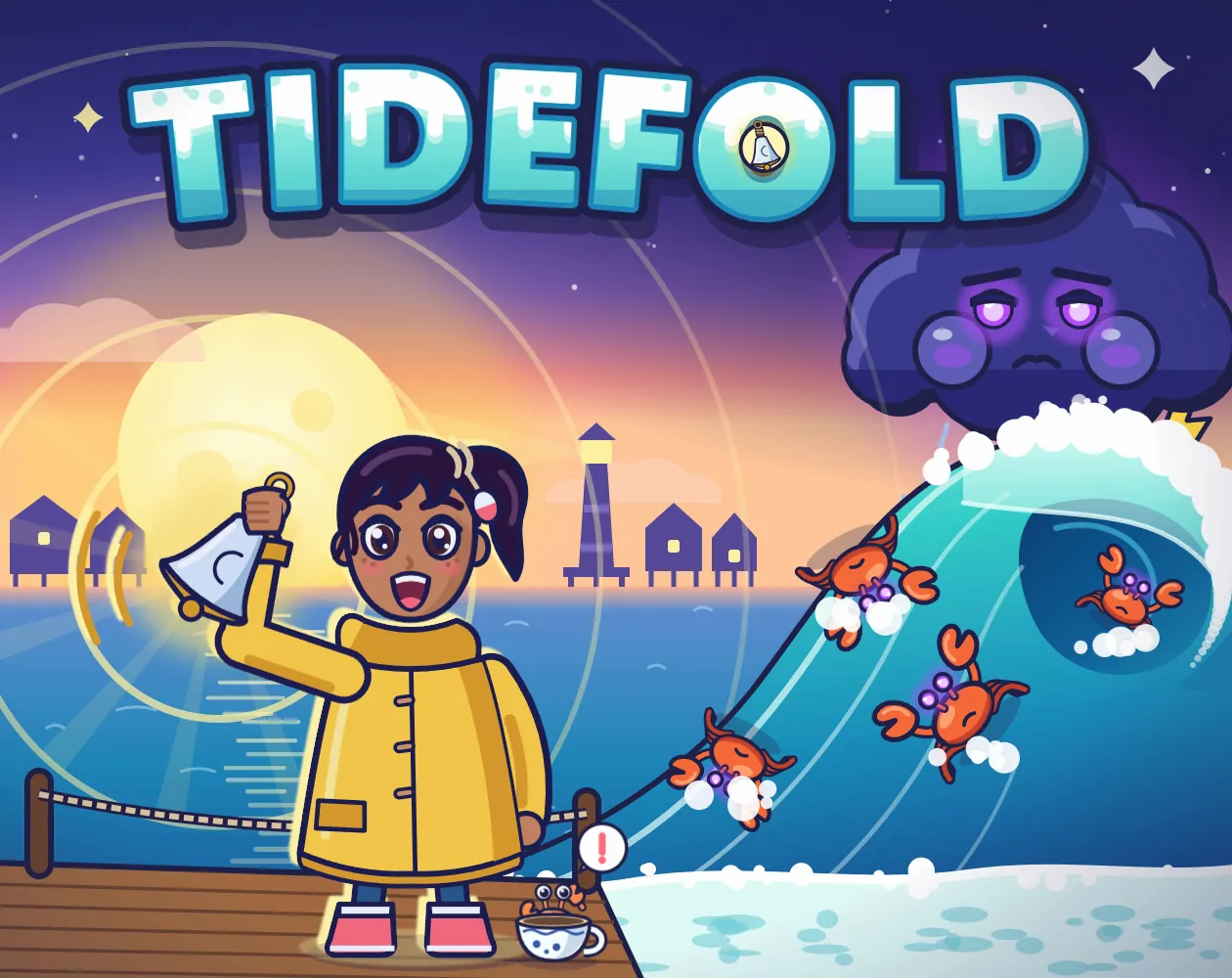 Tidefold poster: Mira in a yellow raincoat rings a bell as a giant wave sweeps away purple-eyed crabs under a sulking storm cloud.