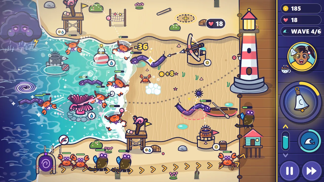 Tidefold mockup in landscape: the tide covers half the beach while towers on stilts fire at crabs.