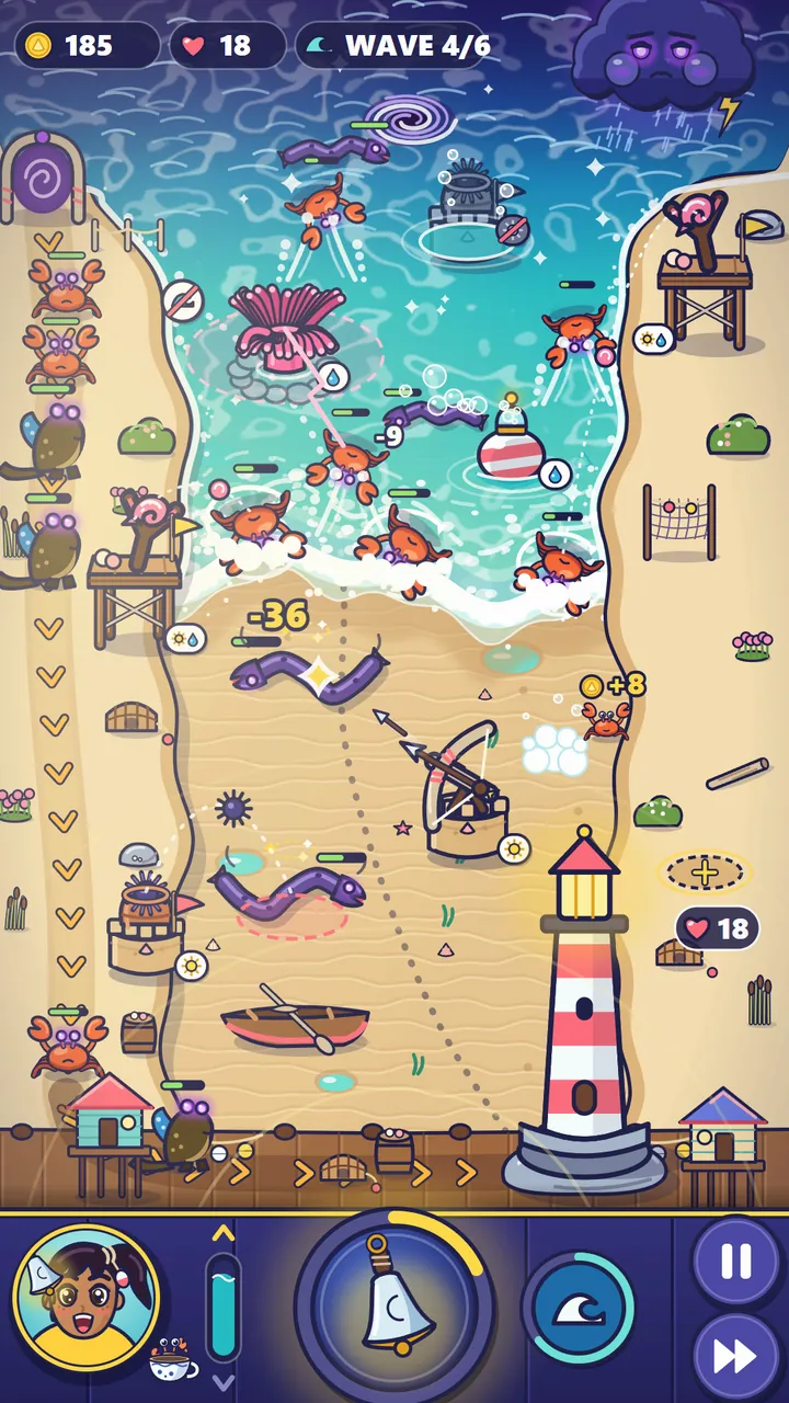 Tidefold mockup in portrait: the sea at the top, a sandy beach with towers and a lighthouse, crabs and eels coming down, the Moon Bell button at the bottom.